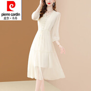 皮爾卡丹（pierre cardin）法式雪紡鑲鉆連衣裙女23夏季新款系帶顯瘦桑蠶絲中長裙 杏色 L