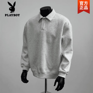 花花公子（PLAYBOY）450G重磅棉美式休閑POLO領(lǐng)T恤男女簡約百搭純色寬松長袖上衣服潮 淺灰色.（不加絨） 【不起球】高 M 90-110