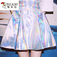 啄木鳥(niǎo)熒光金屬銀色閃亮迷幻鐳射高腰AA半身裙蓬蓬傘裙 蓬蓬裙《炫彩銀》 XS 1尺825