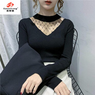 范哲狼（FANZELANG）性感網(wǎng)紗拼接針織衫女秋冬長袖打底衫2025修身半高領(lǐng)毛衣內(nèi)搭上衣 黑色 【針織長袖款】 S 版【90斤以內(nèi)】