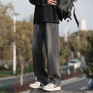 Homlean美式水洗牛仔褲男春夏高街痞帥寬松直筒闊腿長(zhǎng)褲子HS05黑灰2XL