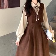 伊薇衣秋冬千鳥格盤扣馬甲連衣裙兩件套裝學(xué)院風(fēng)長袖燈芯絨裙子 卡其假兩件 XL 建議120-140斤