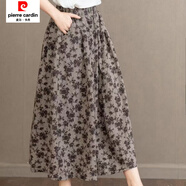 皮爾卡丹印花新款棉麻文藝高腰復古中長(cháng)款半身裙顯瘦松緊碎花裙子 咖格小花 均碼 80-165斤穿】裙長(cháng)80公分