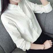 蘭伶坊韓版文藝?yán)俳z花邊鏤空條紋立領(lǐng)白襯衫女寬松純棉清新加絨打底襯衣 花邊款 S