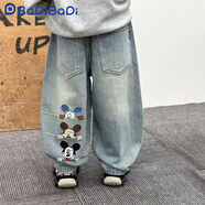 巴帝巴帝巴帝巴帝男童春款牛仔褲2025新款兒童老爹褲男寶寶帥氣外穿長褲潮 BADI-淺藍刺繡米老鼠 80