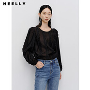 NEELLY納儷商場(chǎng)同款氣質(zhì)泡泡袖襯衫女黑色微透短款天絲上衣百搭 黑色 S