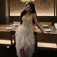 閃動少女（SHANDONGSHAONV）法式吊帶連衣裙女感氣質(zhì)名媛生日party小禮裙網(wǎng)紗拖尾公主裙 白色吊帶連衣裙(普通版) S