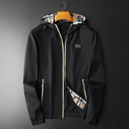 巴寶利亞輕奢莉新款秋季男士徽章商務(wù)休閑連帽修身夾克衫薄款外套男大碼 黑色 M