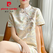 皮爾卡丹（pierre cardin）新中式國風旗袍真絲連衣裙2025夏季立領醋酸復古提花中長款A字裙 米色 L 100-120斤
