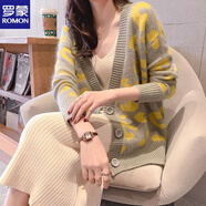 羅蒙（ROMON）早秋新款針織開(kāi)衫毛衣外套女寬松慵懶豹紋毛衣V領(lǐng)針織衫洋氣百搭 咖綠色 L 105-120