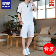 羅蒙（ROMON）男士短袖t恤套裝夏季2025新款薄款冰絲短褲青少年v領(lǐng)國(guó)風(fēng)一套體恤 白色 M 85-112斤左右