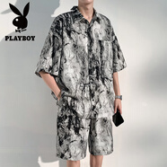 花花公子冰絲水墨扎染套裝男夏季潮痞帥寬松短袖花襯衫沙灘短褲休閑兩件套 TZ088-花色套裝 XL 建議125-145斤