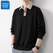真維斯（Jeanswest）美式翻領(lǐng)衛衣polo領(lǐng)長(cháng)袖t恤男秋冬季新款秋裝打底衫潮流上衣拼接 黑色 XL 適合130-170斤