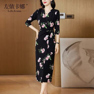 葉余今年流行新款秋季連衣裙優(yōu)雅時(shí)尚媽媽裝顯瘦七分袖印花長(cháng)裙子 【高貴】-HY789黑底粉花-七分袖 L (95-110斤)