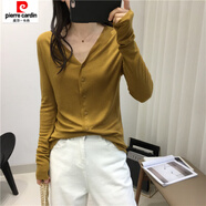 皮爾卡丹（pierre cardin）超細薄款精紡純羊毛針織開(kāi)衫女外套新款V領(lǐng)空調寬松長(cháng)袖毛衣上衣 焦糖棕 2XL