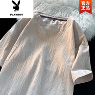 花花公子（PLAYBOY）亞麻t恤男短袖夏季潮流休閑圓領(lǐng)體恤衫寬松大碼半袖棉麻速干上衣 1287杏色 L (100-120斤)