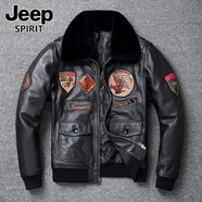 JEEP SPIRIT吉普層牛皮外套真皮皮衣男大碼加棉飛行服帶毛領(lǐng)牛皮飛行員夾克男 黑色牛皮 黑色牛皮 L