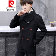 皮爾卡丹（pierre cardin）男士短款毛呢大衣外套冬裝韓版痞帥氣個(gè)性雙排扣夾克風(fēng)衣 黑色 M 165 適合90-102斤