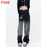 FSHE梨型身材闊腿牛仔褲女春秋季2025新款漸變色高腰直筒褲拖地長褲子 黑灰色 L