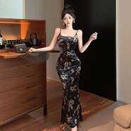 家隆名秀復古碎花吊帶連衣裙女春夏氣質(zhì)魚(yú)尾長(cháng)裙緊身顯瘦收腰包臀裙子 圖片色 S