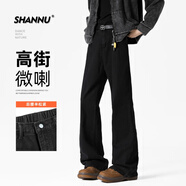 杉努（SHANNU）黑色柳葉彎刀微喇叭牛仔褲男秋季美式高腰直筒長(cháng)褲子 黑色 XL