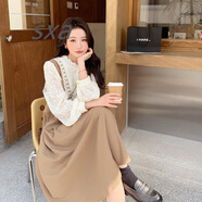 SXA香港潮牌長袖假兩件連衣裙女2025春秋新款氣質(zhì)蕾絲拼接打底a字裙 圖片色 S