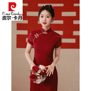 皮爾卡丹（pierre cardin）敬酒服旗袍2025新款酒紅色小個子蕾絲訂婚禮服新娘結(jié)婚回門服夏季 酒紅色 M