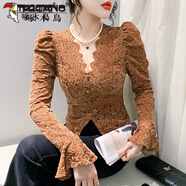 啄木鳥(niǎo)（TUCANO）2024新款黑色V領(lǐng)開(kāi)叉蕾絲上衣女別致喇叭袖長(cháng)袖T恤修身百搭短款打 咖啡色 2XL