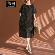 簡(jiǎn)當大碼女裝胖MM春夏復古花色文藝民族風(fēng)休閑中長(cháng)款寬松連衣裙9230 圖色 均碼 【185斤以下】