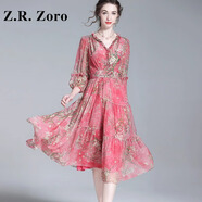 Z.R.Zoro品牌真絲連衣裙女夏季新款名媛氣質(zhì)收腰長(zhǎng)裙桑蠶絲法式碎花裙子潮 粉色 S [適合<105]斤