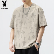 花花公子（PLAYBOY）短袖T恤男士夏季寬松上衣服潮流時尚休閑涼感半袖印花體恤