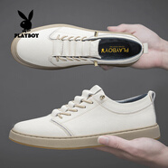 花花公子（PLAYBOY）真皮小白鞋子男鞋牛皮板鞋2025新款休閑時尚男士懶人一腳蹬皮鞋 白色X82162【真皮-牛皮鞋面】 41