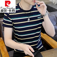 皮爾卡丹（pierre cardin）男士短袖t恤2025夏季新款圓領橫條紋體恤衫半截袖上衣服 2藏黑色 2XL 135-150斤