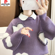 皮爾卡丹（pierre cardin）冬季新款娃娃領假兩件上衣女士毛衣冬裝加厚內搭新潮 01有領紫色 S 89-99斤
