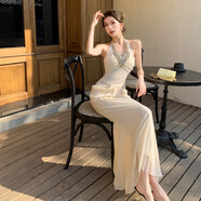 微愛(ài)的小松鼠（weiaidexiaosongshu）2025春夏新款法式釘珠掛脖連衣裙女禮服長(zhǎng)裙名媛風(fēng)收腰包臀魚(yú)尾裙 杏色 均碼