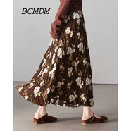 BCMDM香港潮牌百褶碎花半身裙女 2025春季新款法式復(fù)古高腰大擺長(zhǎng)裙子 咖色 L