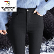 啄木鳥(niǎo)（TUCANO）高檔鉛筆褲女外穿春秋薄款新款小黑褲高腰顯瘦小腳鉛筆黑色褲子女 黑色單扣長(cháng)褲【薄絨款】 XL 適合116-125斤