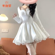 乖甜星純欲溫柔風(fēng)長袖方領(lǐng)白色連衣裙冬季辣妹氣質(zhì)收腰百褶公主蓬蓬短裙 白色 L 建議110-125