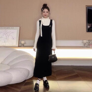 圣保美黑色針織連衣裙女裝春秋季2025新款小香學(xué)院風(fēng)假兩件背帶包臀裙子 黑色長(cháng)裙 2XL 碼