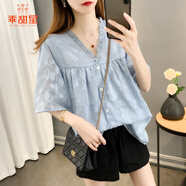 乖甜星荷葉邊V領(lǐng)純色喇叭袖雪紡衫女2025夏季新款寬松大碼短袖薄款上衣 藍色 3XL 建議 160-185斤