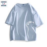 GENIOLAMODEt恤男士夏季純棉透氣寬松貓咪印花圓領(lǐng)短袖男款體恤衫 冰藍 M