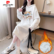 皮爾卡丹（pierre cardin）中長(cháng)款過(guò)膝長(cháng)袖連衣裙女秋季2025新款寬松慵懶風(fēng)開(kāi)叉連帽衛衣裙子 900-3-白色(加絨加厚) L (建議110-130斤)