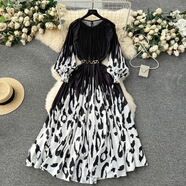 歐美風(fēng)2024新款女裝連衣裙超大裙擺印花百褶收腰系帶度假休閑長(cháng)裙 黑色 均碼