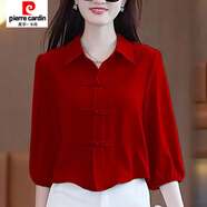 皮爾卡丹（pierre cardin）中國風秋季襯衫寬松顯瘦百搭襯衣氣質七分袖遮肚子盤扣上衣女小衫 紅色 建議100-110斤 L