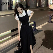 Jret赫本風(fēng)學(xué)生背帶裙韓版寬松顯瘦不規(guī)則中長(zhǎng)款連衣裙女單件套裝 黑色背帶裙 【單件】 M 【建議90-105斤】