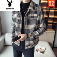 花花公子（PLAYBOY）2025格子痞帥夾克男秋冬季新款韓版潮流修身加厚男裝百搭休閑外套 加厚 T41毛呢咖啡色格子外套 S 適合80-95斤左右