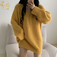 鏡渝先生毛線衣女寬松V領(lǐng)大毛衣女春秋裝顯瘦百搭中長款慵懶風(fēng)針織衫外穿 黃色 M