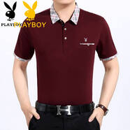 花花公子（PLAYBOY）季中年人男士短袖T恤寬松翻領(lǐng)丅恤男土有帶領(lǐng)純棉40-50歲爸爸裝 999紅色 S 165/80A