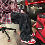 ZMEX直筒休閑褲男新款墜感ulzzang字母滿印boy青少年高街闊腿褲男 黑色 S