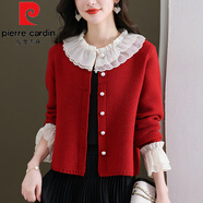 皮爾卡丹（pierre cardin）荷葉領(lǐng)拼接短款開衫女春秋小香風針織毛衣外套配裙子高腰上衣顯瘦 紅色 M